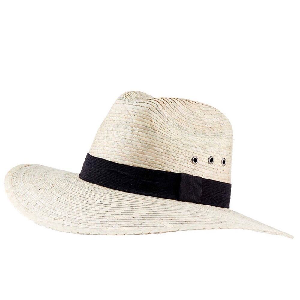 Mexican Palm Leaf Straw Indiana Wide Brim Hat, Light Tan w/Grommets MEXIMART